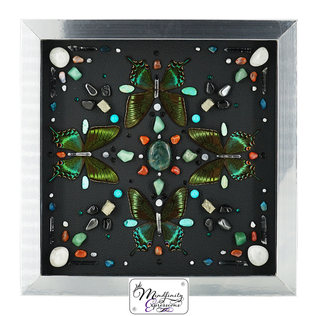 shadow box art, Swallowtail butterfly wings, Natuzzi genuine leather, crystals, Swarovski crystals, gemstones, gems, sacred geometry, healing art, crystal art, crystal grid, energy healing, crystal healing, crystal energy handmade, luxury art, Amazonite, Turquoise, Blue Apatite, Green apatite, Green Aventurine, Carnelian, Hematite, Pyrite, Black tourmaline, Clear quartz, Rainbow moonstone