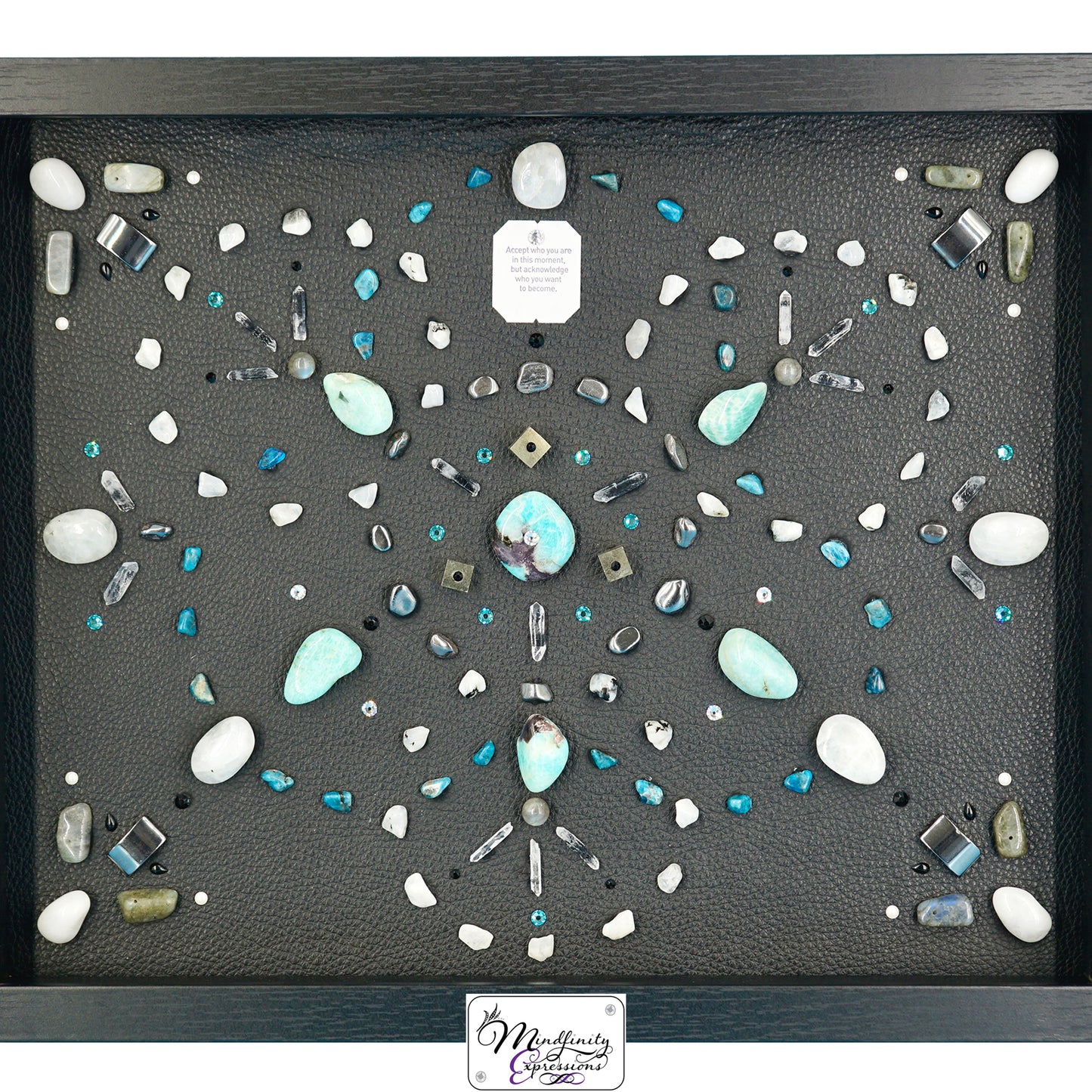 shadow box art, Calligaris genuine leather, crystals, Swarovski crystals, gemstones, gems, sacred geometry, healing art, crystal art, crystal grid, energy healing, crystal healing, crystal energy, crystal grid, healing, healing energy, healing art, sacred geometry, handmade, luxury art, Amazonite, Blue Apatite, Labradorite, Rainbow Moonstone, Clear Quartz, King Quartz, Hematite, Pyrite