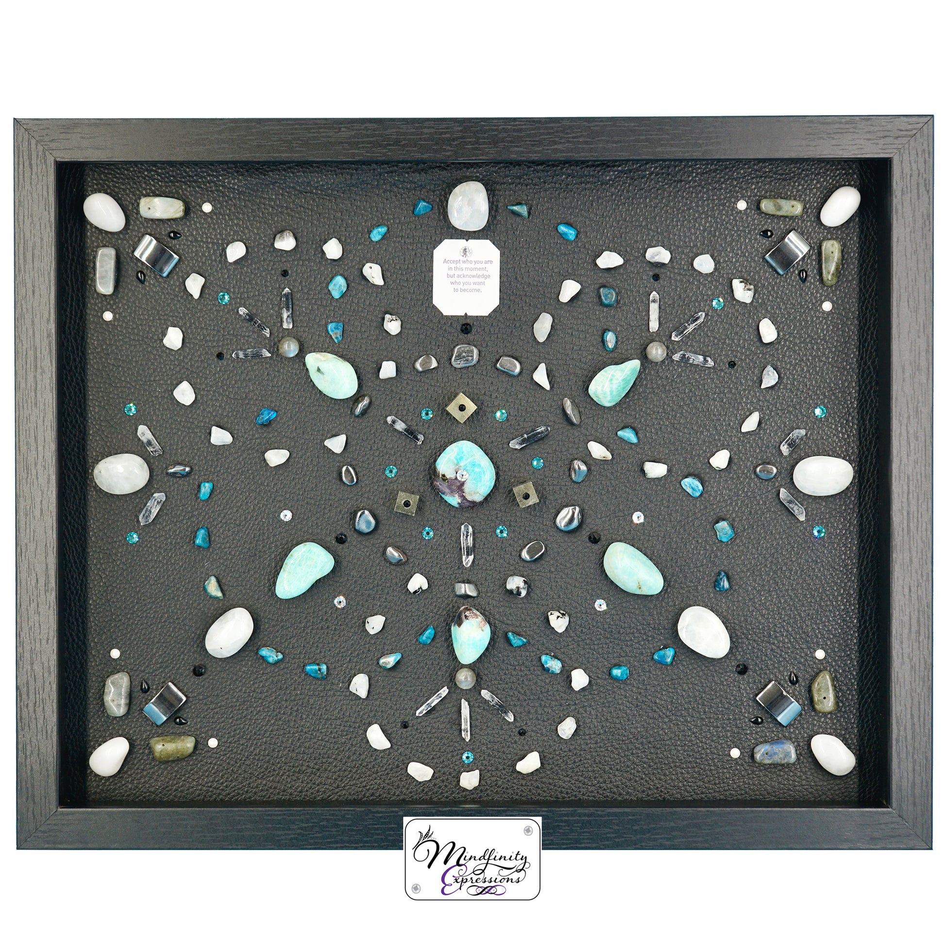 shadow box art, Calligaris genuine leather, crystals, Swarovski crystals, gemstones, gems, sacred geometry, healing art, crystal art, crystal grid, energy healing, crystal healing, crystal energy, crystal grid, healing, healing energy, healing art, sacred geometry, handmade, luxury art, Amazonite, Blue Apatite, Labradorite, Rainbow Moonstone, Clear Quartz, King Quartz, Hematite, Pyrite