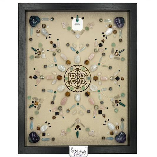 shadow box art, 18K Gold Metratron’s Cube, Calligaris genuine leather, crystals, Swarovski crystals, gemstones, gems, sacred geometry, healing art, crystal art, crystal grid, energy healing, crystal healing, crystal energy, crystal grid, healing, healing energy, healing art, sacred geometry, handmade, luxury art, Rose Quartz, Clear Quartz, Labradorite, Aquamarine, Malachite, Pyrite, Fluorite, Rainbow Moonstone, Black Tourmaline, Tiger Eye