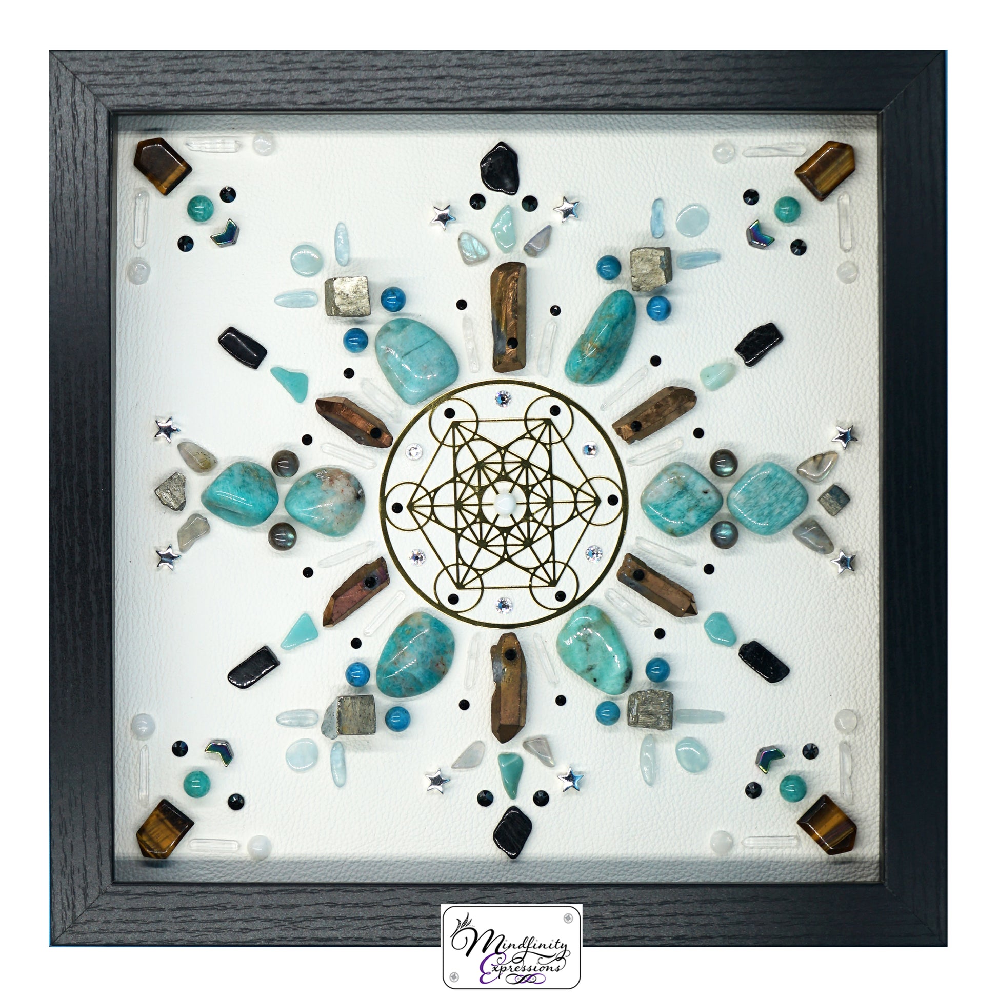 shadow box art, 18K gold Metatron’s Cube medallion, Calligaris genuine leather, crystals, Swarovski crystals, gemstones, gems, sacred geometry, healing art, crystal art, crystal grid, energy healing, crystal healing, crystal energy, crystal grid, healing, healing energy, handmade, luxury art, Amazonite, Aquamarine, Black Tourmaline, Blue Apatite, Clear Quartz, Bronze Plated Quartz, Tiger Eye, Hematite, Labradorite, Pyrite, Rainbow Moonstone