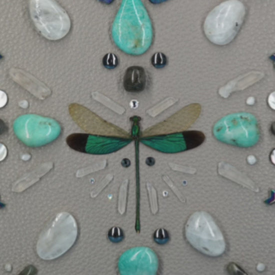 shadow box art, green dragonfly, Natuzzi Italia genuine leather, feathers, crystals, Swarovski crystals, gemstones, gems, crystal art, crystal grid, energy healing, crystal healing, crystal energy, healing, healing energy, healing art, sacred geometry, handmade, luxury art, Amazonite, Blue Apatite, Labradorite, Rainbow Moonstone, Hematite, Clear Quartz, King Quartz, Mother of Pearl, Black Tourmaline