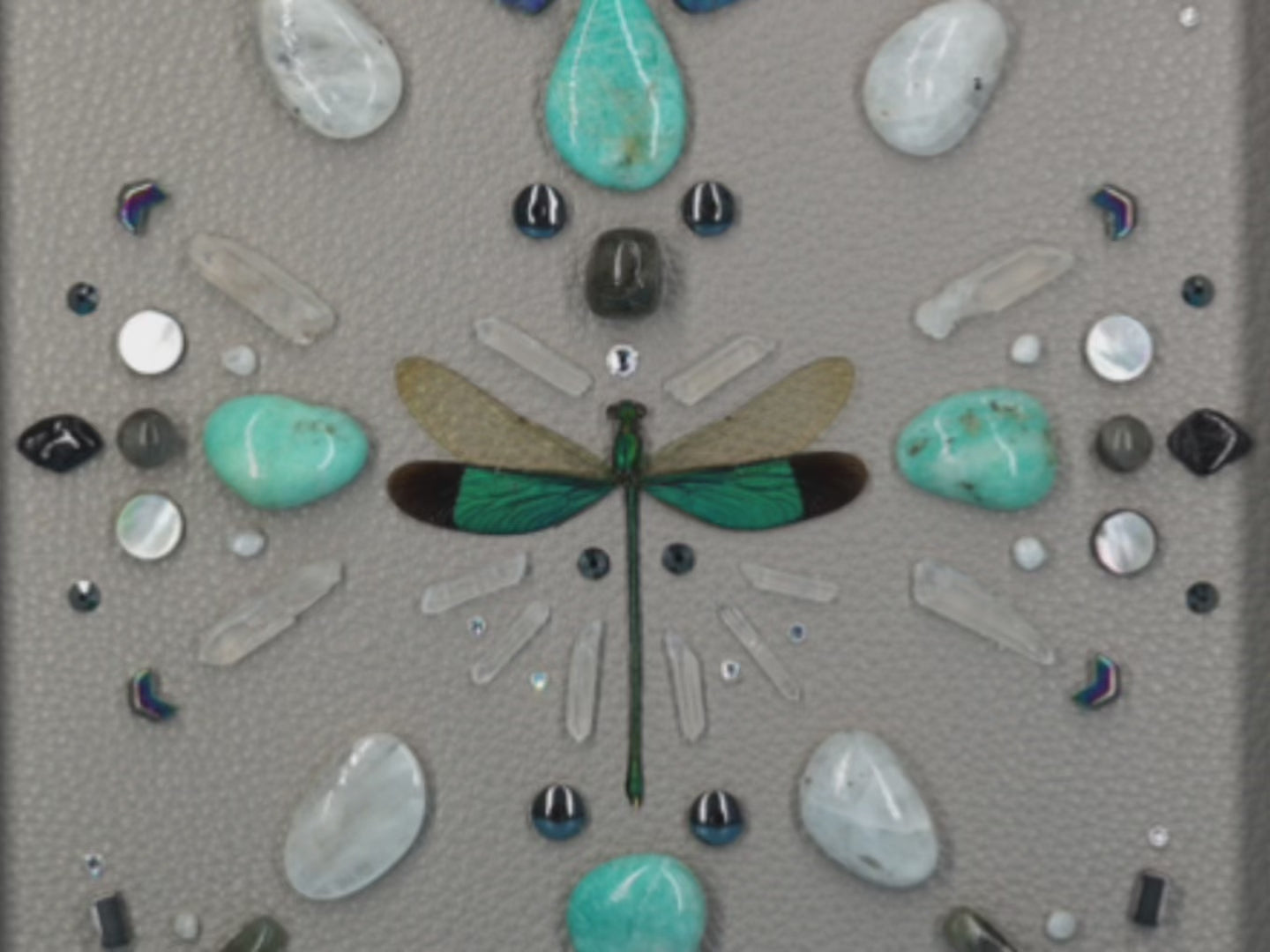 shadow box art, green dragonfly, Natuzzi Italia genuine leather, feathers, crystals, Swarovski crystals, gemstones, gems, crystal art, crystal grid, energy healing, crystal healing, crystal energy, healing, healing energy, healing art, sacred geometry, handmade, luxury art, Amazonite, Blue Apatite, Labradorite, Rainbow Moonstone, Hematite, Clear Quartz, King Quartz, Mother of Pearl, Black Tourmaline