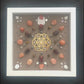 shadow box art, 18K gold Flower of Life sacred geometry medallion, Natuzzi Italia genuine leather, crystals, Swarovski crystals, gemstones, gems, sacred geometry, healing art, crystal art, crystal grid, energy healing, crystal healing, crystal energy, crystal grid, healing, healing energy, healing art, sacred geometry, handmade, luxury art, Orange Aventurine, Red Tiger Eye, Tiger Eye, King Quartz, Hematite, Mother of Pearl