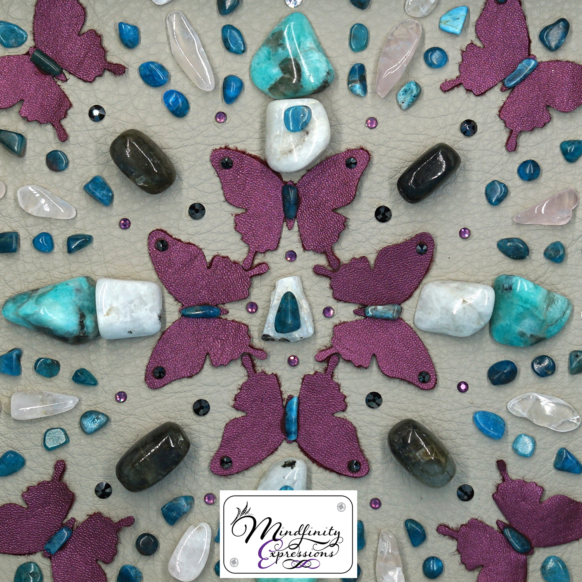 shadowbox art, butterfly, crystals, leather, metallic, gemstones, gems, sacred geometry, healing art, crystal art, crystal grid, energy healing, Amazonite, Blue Apatite, Rose Quartz, Rainbow Moonstone, Labradorite, crystal art, crystal healing, crystal energy, crystal grid, healing, healing energy, healing art, sacred geometry, handmade, luxury art