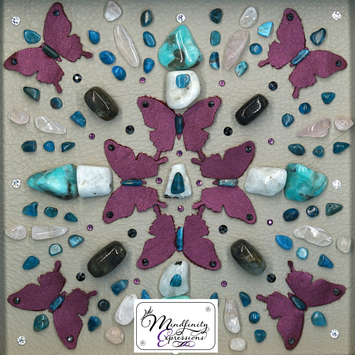 shadowbox art, butterfly, crystals, leather, metallic, gemstones, gems, sacred geometry, healing art, crystal art, crystal grid, energy healing, Amazonite, Blue Apatite, Rose Quartz, Rainbow Moonstone, Labradorite, crystal art, crystal healing, crystal energy, crystal grid, healing, healing energy, healing art, sacred geometry, handmade, luxury art