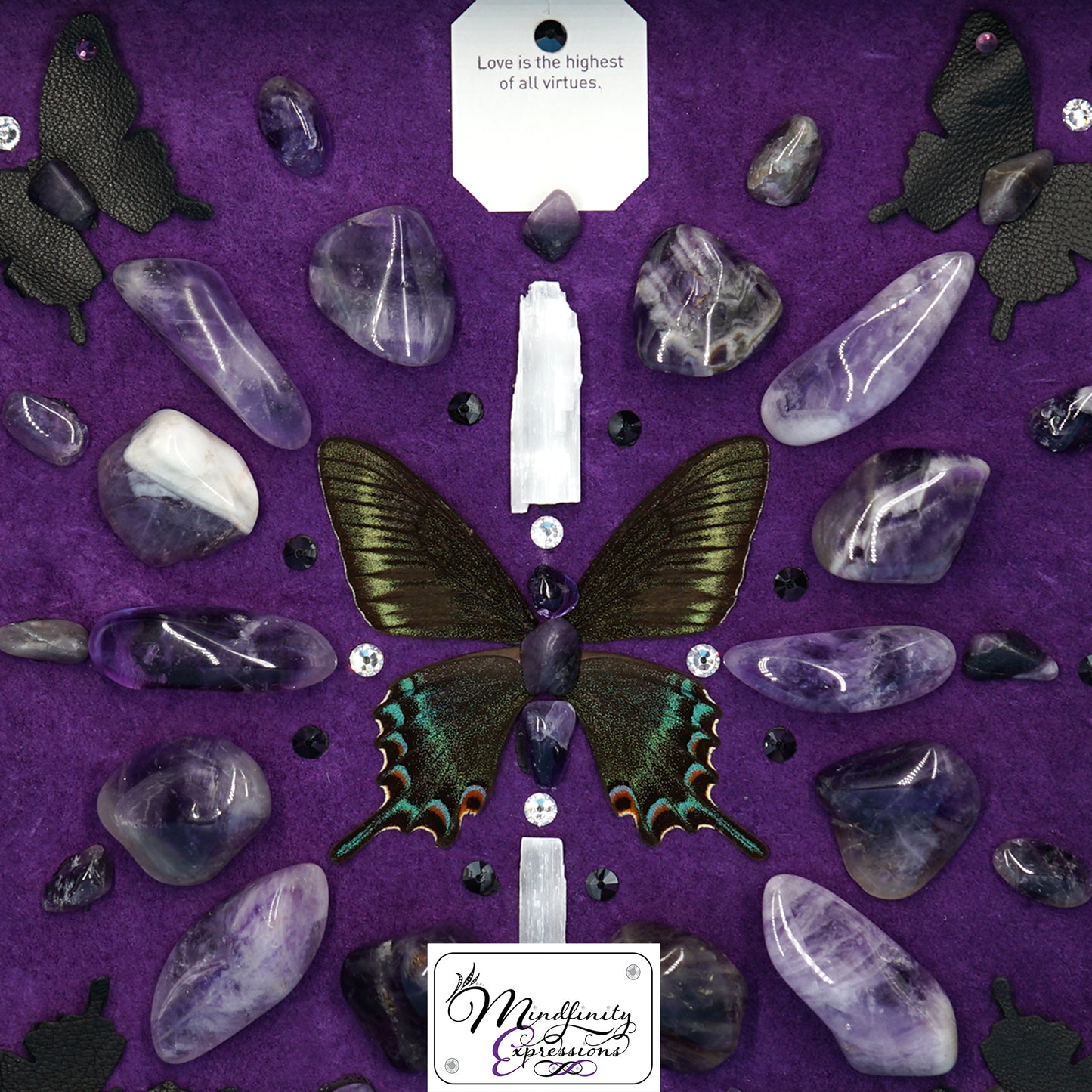 shadow box art, Swallowtail butterfly, crystals, leather, gemstones, gems, sacred geometry, healing art, crystal art, crystal grid, energy healing, Amethyst, Purple Fluorite, Sugilite, Super 7, Kunzite, Aura Quartz, Selenite, crystal art, crystal healing, crystal energy, crystal grid, healing, healing energy, healing art, sacred geometry, handmade, luxury art