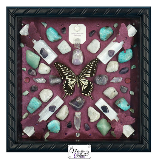 shadow box art, Yellow, black & white butterfly, Metallic purple genuine leather, crystals, Swarovski crystals, gemstones, gems, sacred geometry, healing art, crystal art, crystal grid, energy healing, crystal healing, crystal energy, crystal grid, healing, healing energy, healing art, sacred geometry, handmade, luxury art, Amazonite, Rainbow Moonstone, Amethyst, Sugilite, Aura Quartz, Selenite