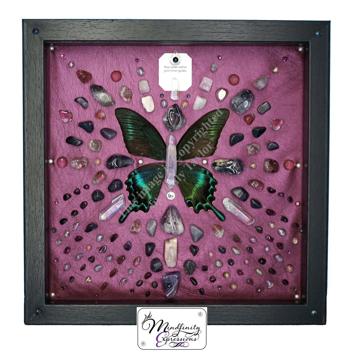 shadowbox art, butterfly, crystals, leather, metallic, gemstones, gems, sacred geometry, healing art, crystal art, crystal grid, energy healing, Amethyst, Purple Fluorite, Sugilite, Super 7, Kunzite, Aura Quartz, Selenite, crystal art, crystal healing, crystal energy, crystal grid, healing, healing energy, healing art, sacred geometry, handmade, luxury art