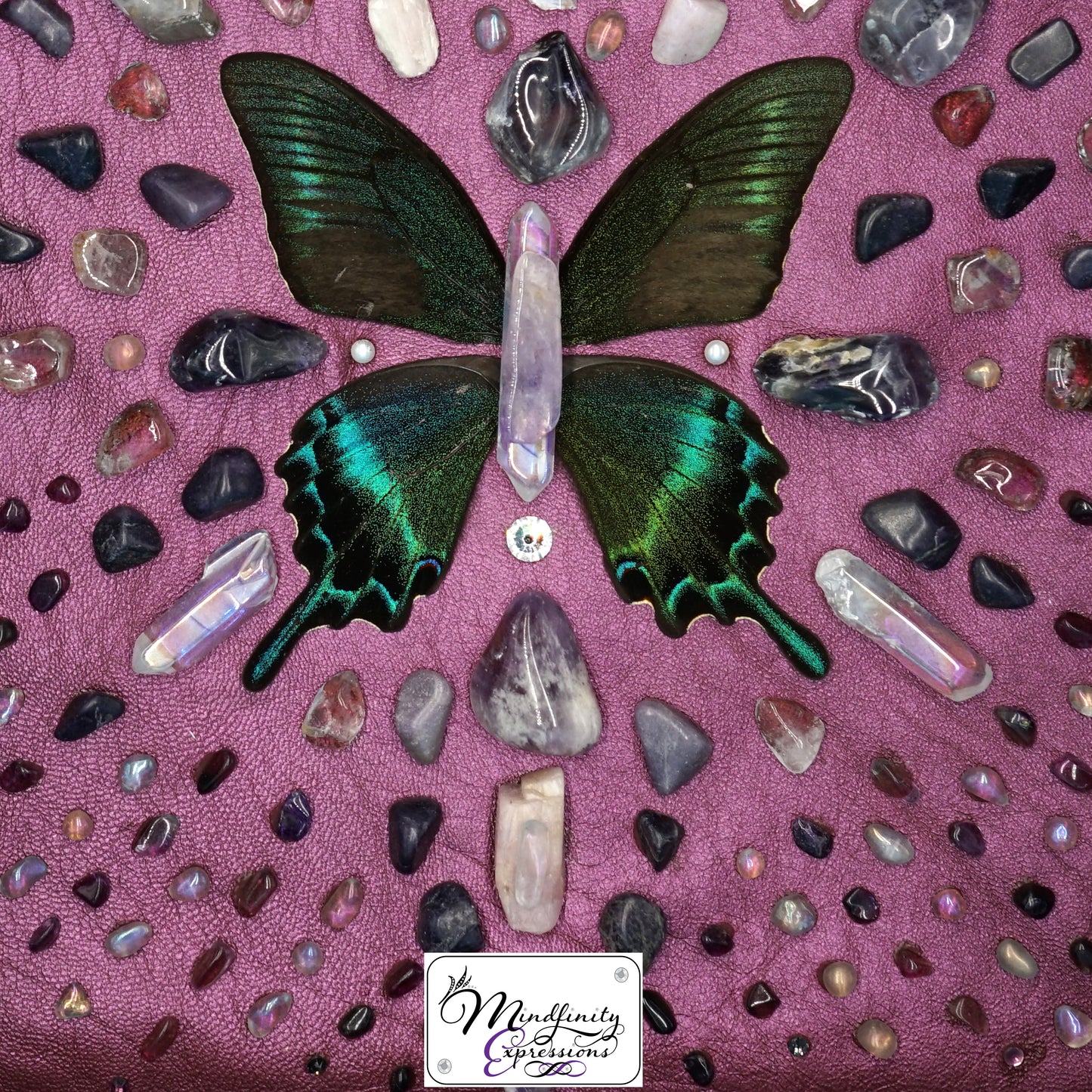 shadowbox art, butterfly, crystals, leather, metallic, gemstones, gems, sacred geometry, healing art, crystal art, crystal grid, energy healing, Amethyst, Purple Fluorite, Sugilite, Super 7, Kunzite, Aura Quartz, Selenite, crystal art, crystal healing, crystal energy, crystal grid, healing, healing energy, healing art, sacred geometry, handmade, luxury art