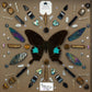 shadow box art, blue butterfly, crystals, leather, gemstones, gems, sacred geometry, healing art, crystal art, crystal grid, energy healing, Tiger Eye, Black Agate, Clear Quartz, Hematite, Rainbow Moonstone, Mother of Pearl & Black Obsidian, crystal art, crystal healing, crystal energy, crystal grid, healing, healing energy, healing art, sacred geometry, handmade, luxury art