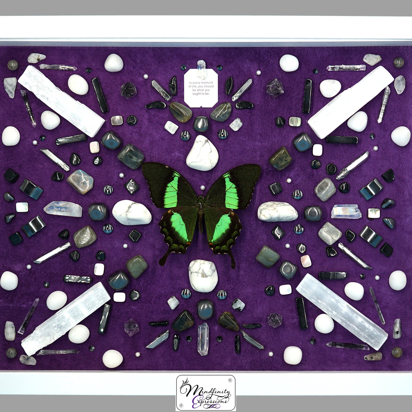 shadow box art, green swallowtail butterfly, feathers, crystals, Swarovski crystals, leather, gemstones, gems, sacred geometry, healing art, crystal art, crystal grid, energy healing, crystal healing, crystal energy, crystal grid, healing, healing energy, healing art, sacred geometry, handmade, luxury art, Purple Fluorite, Rainbow Moonstone, Labradorite, Hematite, Howlite, Selenite, Clear Quartz, Aura Quartz, King Quartz, Mother of Pearl, Black Agate, Black Tourmaline