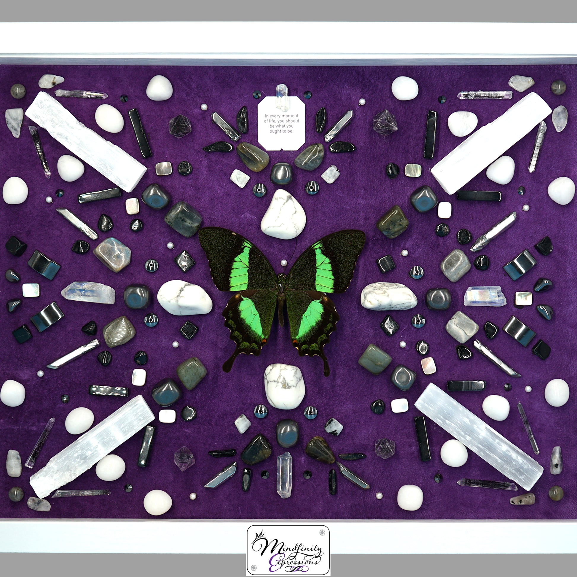 shadow box art, green swallowtail butterfly, feathers, crystals, Swarovski crystals, leather, gemstones, gems, sacred geometry, healing art, crystal art, crystal grid, energy healing, crystal healing, crystal energy, crystal grid, healing, healing energy, healing art, sacred geometry, handmade, luxury art, Purple Fluorite, Rainbow Moonstone, Labradorite, Hematite, Howlite, Selenite, Clear Quartz, Aura Quartz, King Quartz, Mother of Pearl, Black Agate, Black Tourmaline