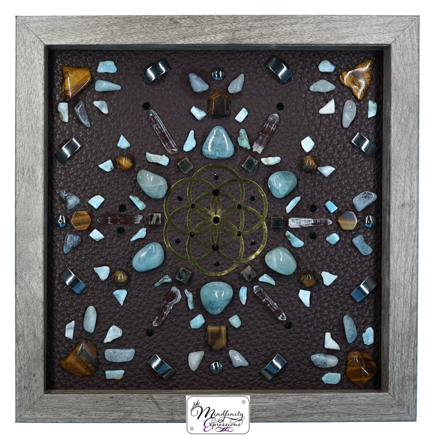 shadow box art, 18K gold Flower of Life medallion, crystals, Swarovski crystals, leather, gemstones, gems, sacred geometry, healing art, crystal art, crystal grid, energy healing, crystal healing, crystal energy, crystal grid, healing, healing energy, healing art, sacred geometry, handmade, luxury art, Aquamarine, Larimar, Hematite, Pyrite, Tiger Eye, Clear Quartz