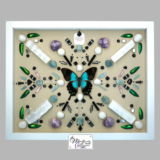 shadow box art, Aqua Swallowtail butterfly, crystals, Swarovski crystals, leather, gemstones, gems, sacred geometry, healing art, crystal art, crystal grid, energy healing, crystal healing, crystal energy, crystal grid, healing, healing energy, healing art, sacred geometry, handmade, luxury art, Purple & Green Fluorite, Aquamarine, Lapis Lazuli, Clear Quartz,  King Quartz, Hematite, Selenite & Black Tourmaline