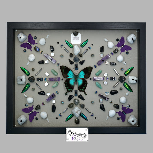 shadow box art, Blue/green swallowtail butterfly, crystals, Swarovski crystals, Natuzzi Italia leather, leather butterflies, gemstones, gems, sacred geometry, healing art, crystal art, crystal grid, energy healing, crystal healing, crystal energy, crystal grid, healing, healing energy, healing art, sacred geometry, handmade, luxury art, Amethyst, Green Aventurine, Labradorite, Hematite, Mother of Pearl, Rainbow Moonstone, King Quartz, Silver Plated Quartz, Black Obsidian,