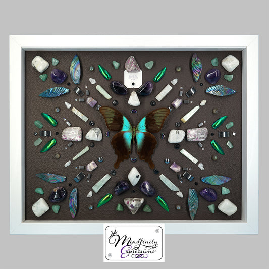 shadow box art, aqua green/brown butterfly, Calligaris genuine leather, crystals, Swarovski crystals, gemstones, gems, sacred geometry, healing art, crystal art, crystal grid, energy healing, crystal healing, crystal energy, crystal grid, healing, healing energy, healing art, sacred geometry, handmade, luxury art, Amethyst, Green Aventurine, Jade, Ruby in Matrix, Labradorite, Hematite, Rainbow Moonstone, Black Tourmaline