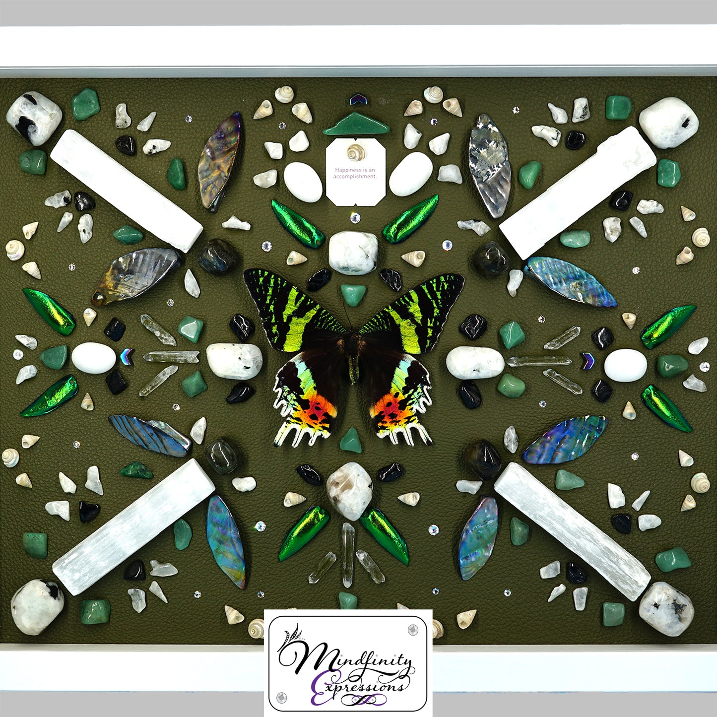 shadow box art, Sunset Moth, Calligaris genuine leather, crystals, Swarovski crystals, gemstones, gems, sacred geometry, healing art, crystal art, crystal grid, energy healing, crystal healing, crystal energy, crystal grid, healing, healing energy, healing art, sacred geometry, handmade, luxury art, Green Aventurine, Mother of Pearl, Labradorite, Hematite, Clear Quartz, King Quartz, Black Tourmaline