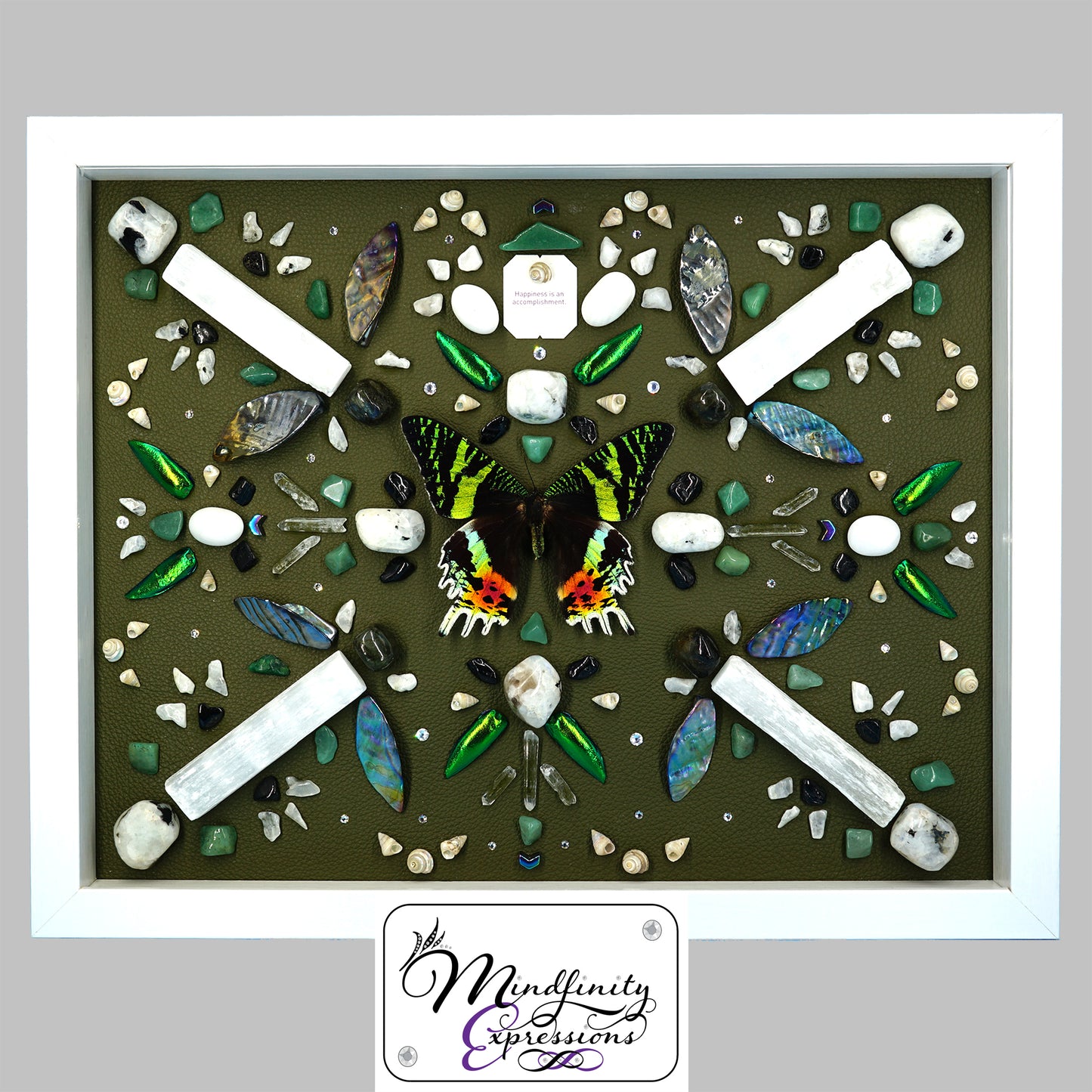 shadow box art, Sunset Moth, Calligaris genuine leather, crystals, Swarovski crystals, gemstones, gems, sacred geometry, healing art, crystal art, crystal grid, energy healing, crystal healing, crystal energy, crystal grid, healing, healing energy, healing art, sacred geometry, handmade, luxury art, Green Aventurine, Mother of Pearl, Labradorite, Hematite, Clear Quartz, King Quartz, Black Tourmaline