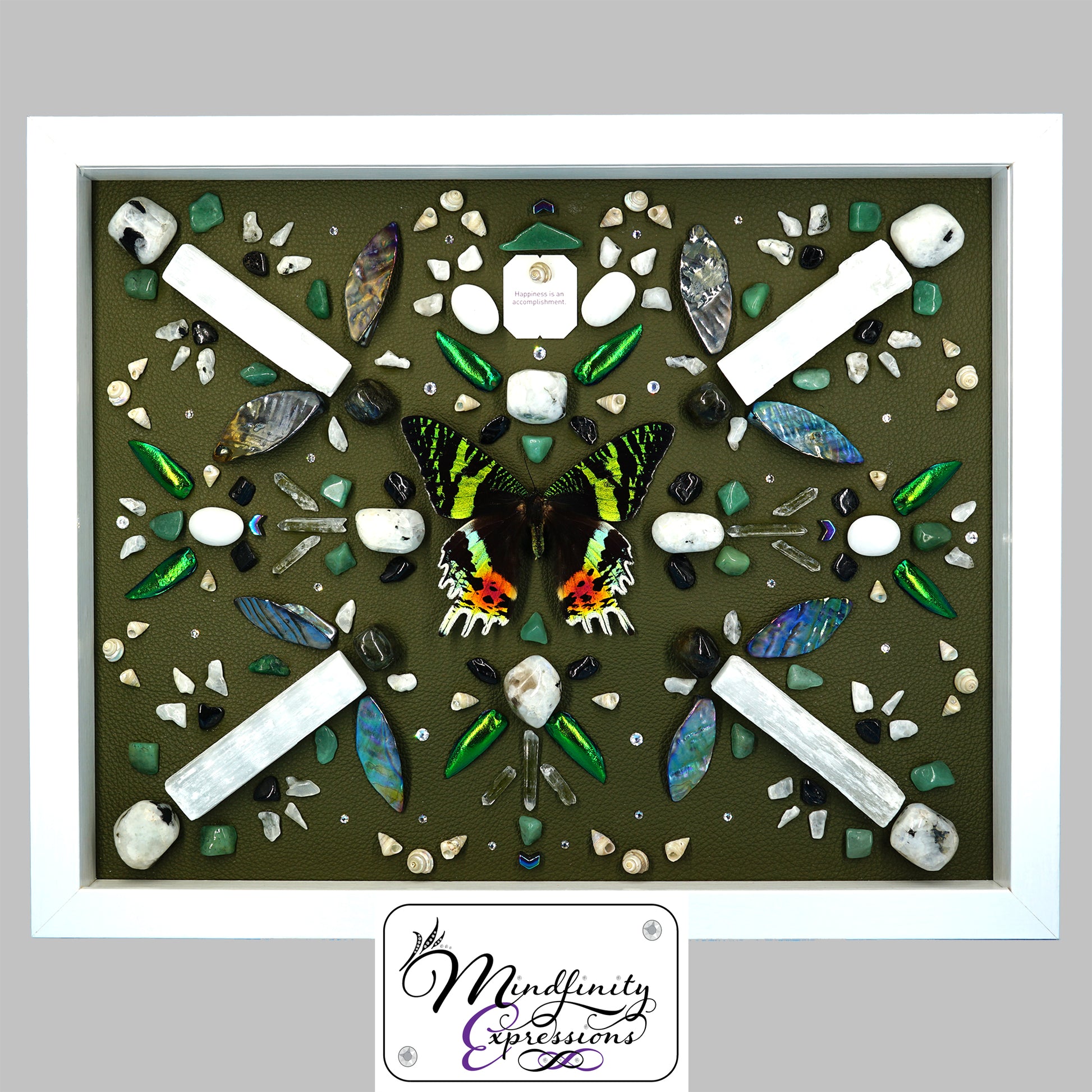 shadow box art, Sunset Moth, Calligaris genuine leather, crystals, Swarovski crystals, gemstones, gems, sacred geometry, healing art, crystal art, crystal grid, energy healing, crystal healing, crystal energy, crystal grid, healing, healing energy, healing art, sacred geometry, handmade, luxury art, Green Aventurine, Mother of Pearl, Labradorite, Hematite, Clear Quartz, King Quartz, Black Tourmaline