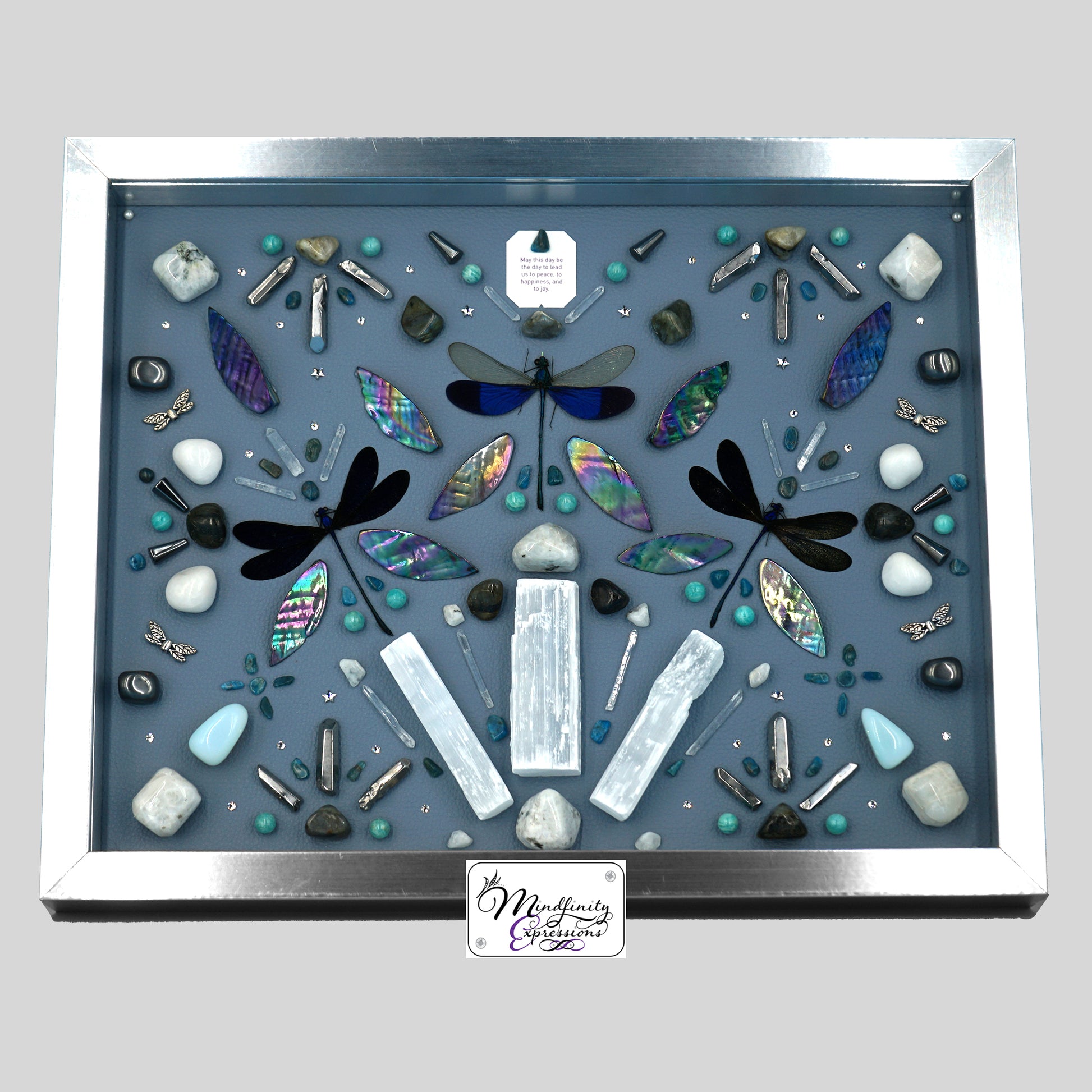 shadow box art, dragonfly, Calligaris genuine leather, crystals, Swarovski crystals, gemstones, gems, sacred geometry, healing art, crystal art, crystal grid, energy healing, crystal healing, crystal energy, crystal grid, healing, healing energy, healing art, sacred geometry, handmade, luxury art, Amazonite, Blue Apatite, Mother of Pearl, Labradorite, Hematite, Clear Quartz, Silver Plated Quartz, King Quartz, Rainbow Moonstone, Opalite, Selenite, Black Tourmaline