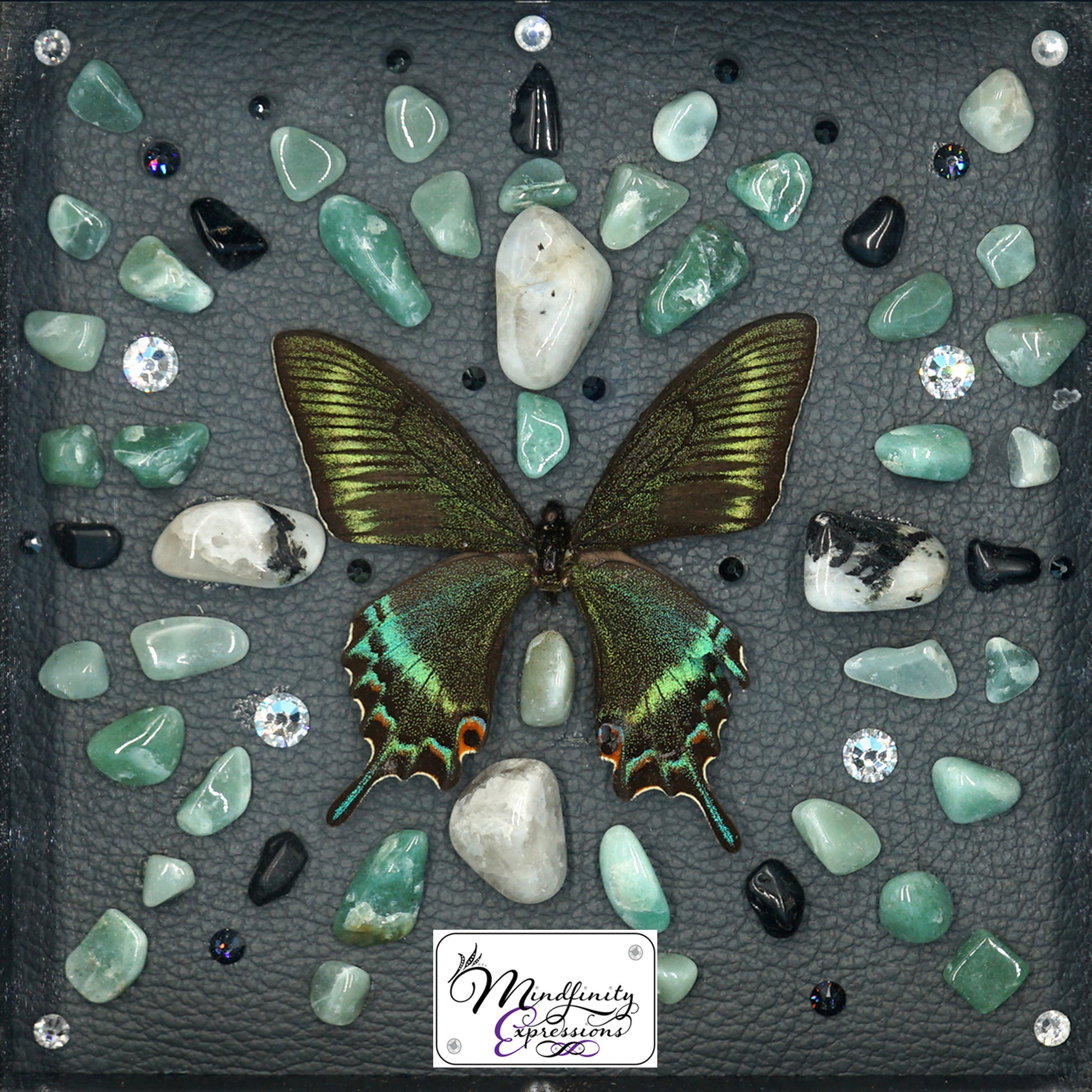 shadow box art, Swallowtail Butterfly wings, Calligaris genuine leather, crystals, Swarovski crystals, gemstones, gems, sacred geometry, healing art, crystal art, crystal grid, energy healing, crystal healing, crystal energy, crystal grid, healing, healing energy, healing art, sacred geometry, handmade, luxury art, Green Aventurine, Rainbow Moonstone, Black Onyx