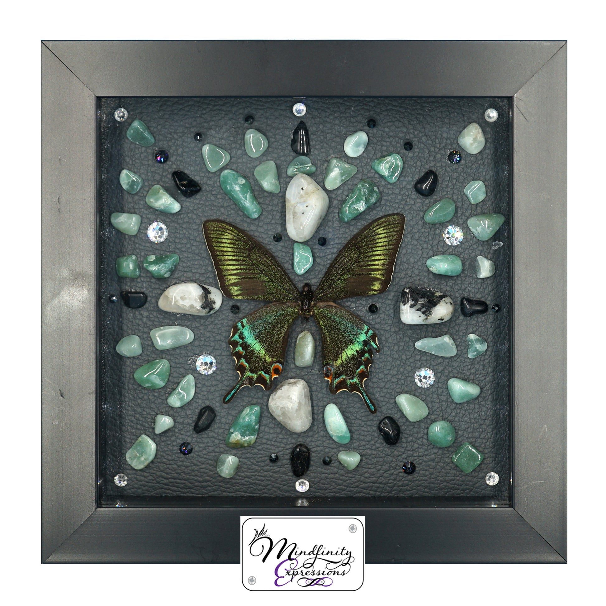 shadow box art, Swallowtail Butterfly wings, Calligaris genuine leather, crystals, Swarovski crystals, gemstones, gems, sacred geometry, healing art, crystal art, crystal grid, energy healing, crystal healing, crystal energy, crystal grid, healing, healing energy, healing art, sacred geometry, handmade, luxury art, Green Aventurine, Rainbow Moonstone, Black Onyx