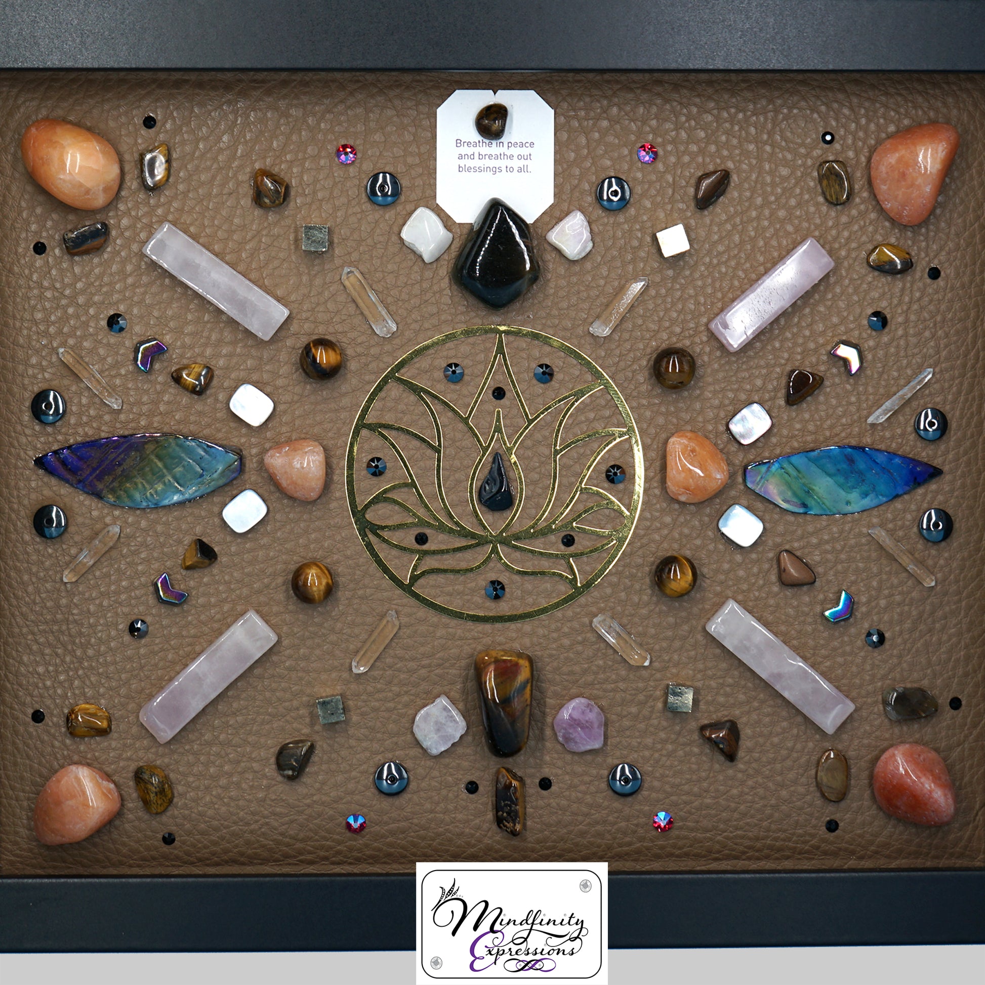 shadow box art, 18K gold Lotus sacred geometry medallion, Natuzzi Italia genuine leather, crystals, Swarovski crystals, gemstones, gems, sacred geometry, healing art, crystal art, crystal grid, energy healing, crystal healing, crystal energy, crystal grid, healing, healing energy, healing art, sacred geometry, handmade, luxury art, Red Aventurine, Red Tiger Eye, Blue Tiger Eye, Rose Quartz, Clear Quartz, Hematite, Kunzite, Mother of Pearl, Pyrite