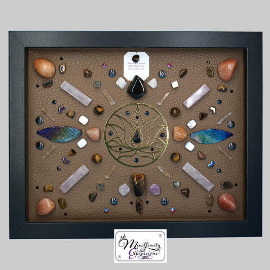 shadow box art, 18K gold Lotus sacred geometry medallion, Natuzzi Italia genuine leather, crystals, Swarovski crystals, gemstones, gems, sacred geometry, healing art, crystal art, crystal grid, energy healing, crystal healing, crystal energy, crystal grid, healing, healing energy, healing art, sacred geometry, handmade, luxury art, Red Aventurine, Red Tiger Eye, Blue Tiger Eye, Rose Quartz, Clear Quartz, Hematite, Kunzite, Mother of Pearl, Pyrite