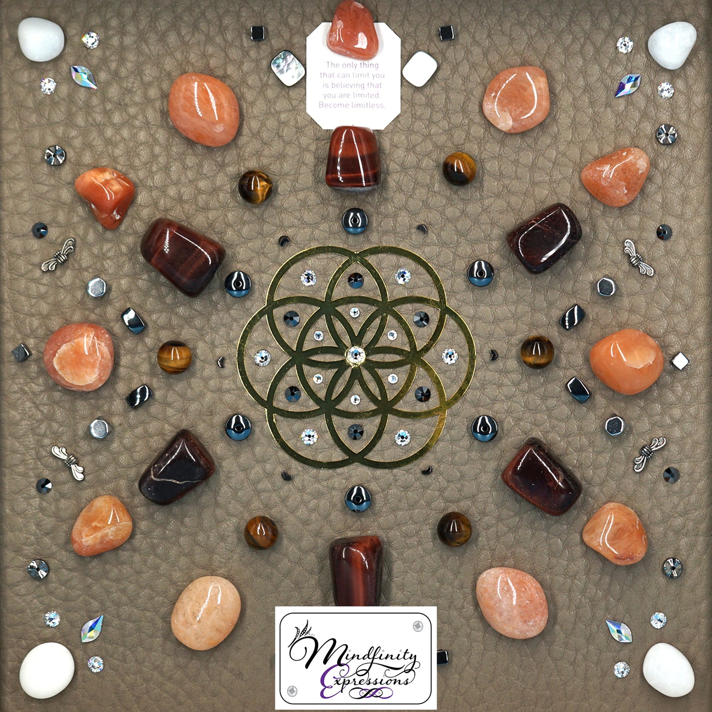 shadow box art, 18K gold Flower of Life sacred geometry medallion, Natuzzi Italia genuine leather, crystals, Swarovski crystals, gemstones, gems, sacred geometry, healing art, crystal art, crystal grid, energy healing, crystal healing, crystal energy, crystal grid, healing, healing energy, healing art, sacred geometry, handmade, luxury art, Orange Aventurine, Red Tiger Eye, Tiger Eye, King Quartz, Hematite, Mother of Pearl 