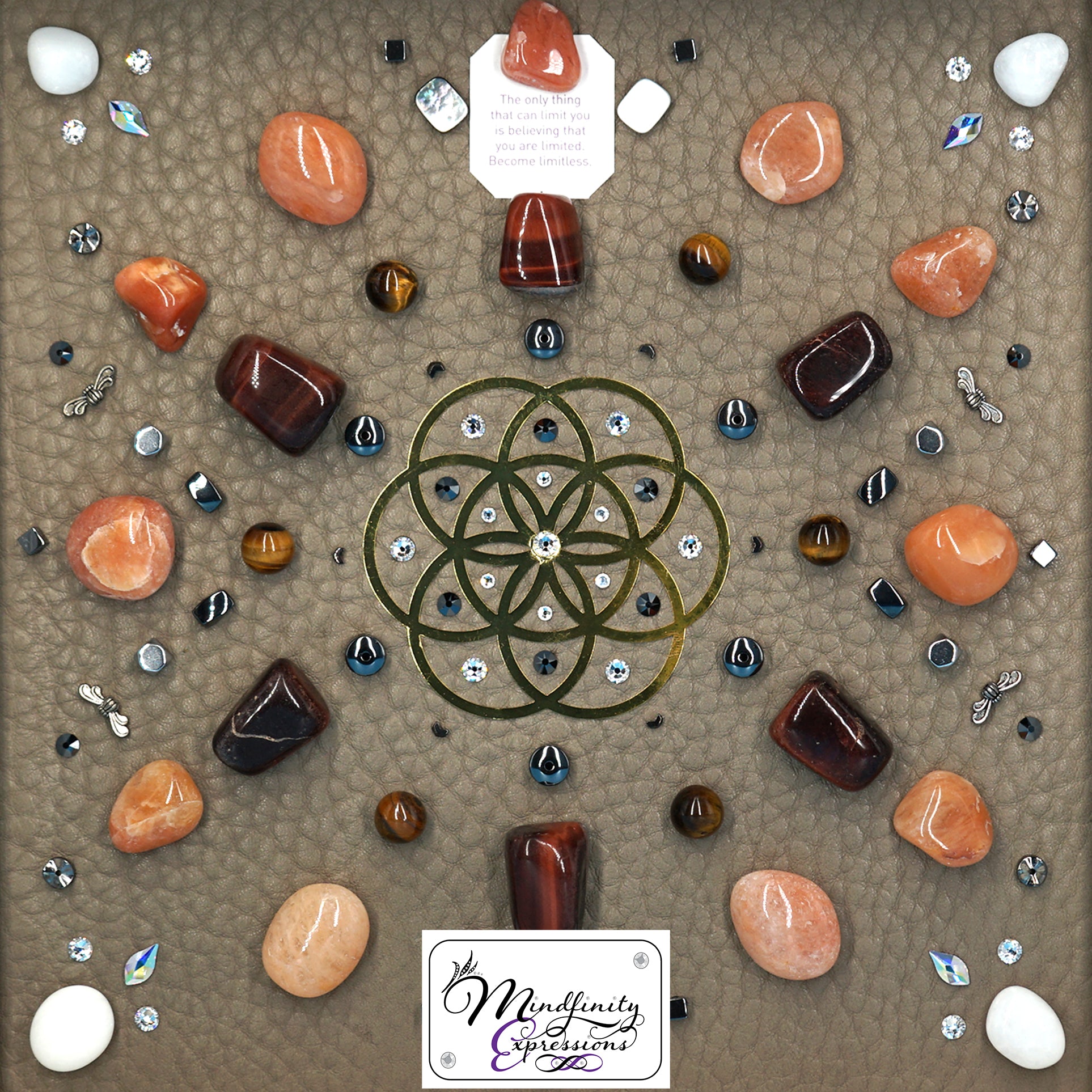 shadow box art, 18K gold Flower of Life sacred geometry medallion, Natuzzi Italia genuine leather, crystals, Swarovski crystals, gemstones, gems, sacred geometry, healing art, crystal art, crystal grid, energy healing, crystal healing, crystal energy, crystal grid, healing, healing energy, healing art, sacred geometry, handmade, luxury art, Orange Aventurine, Red Tiger Eye, Tiger Eye, King Quartz, Hematite, Mother of Pearl 