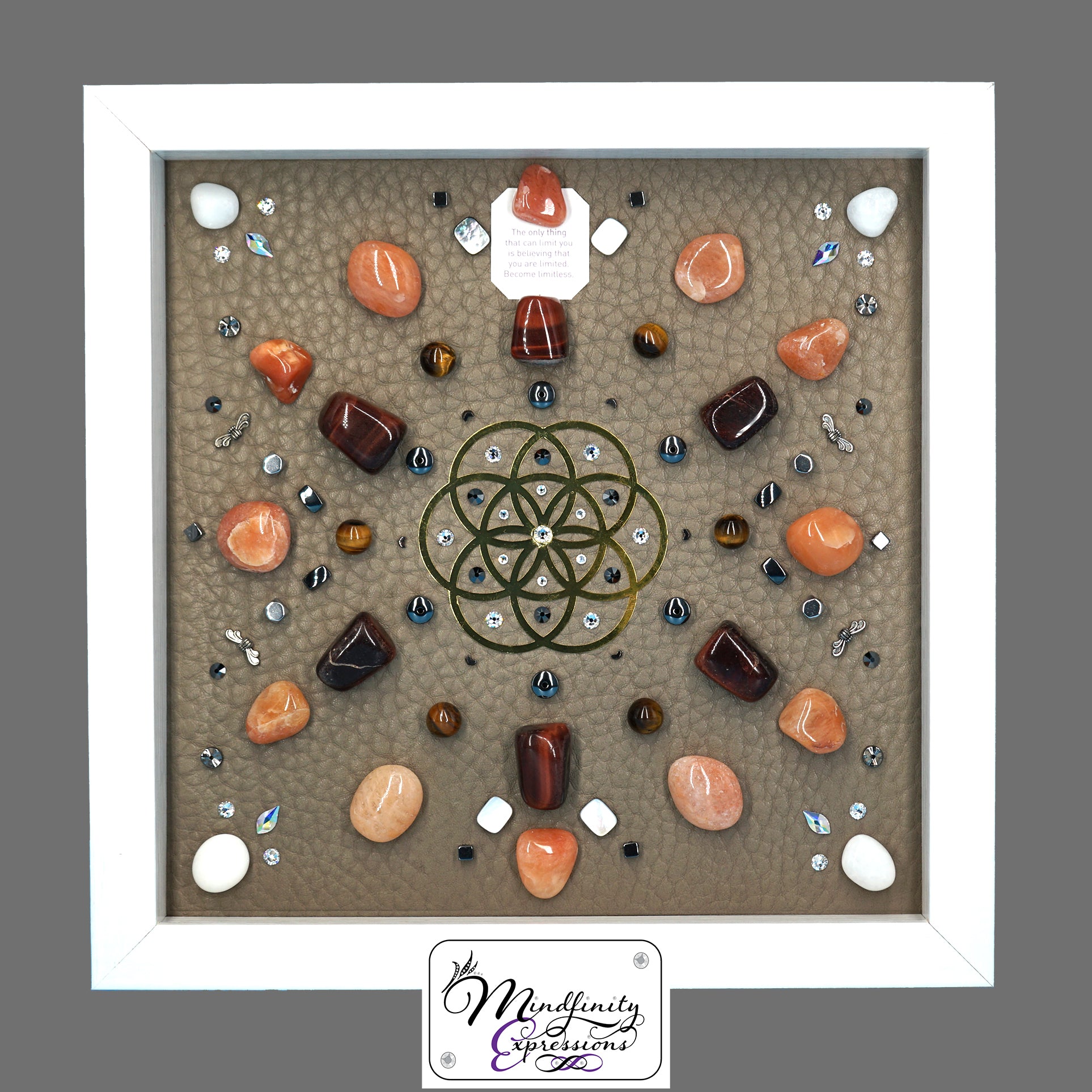 shadow box art, 18K gold Flower of Life sacred geometry medallion, Natuzzi Italia genuine leather, crystals, Swarovski crystals, gemstones, gems, sacred geometry, healing art, crystal art, crystal grid, energy healing, crystal healing, crystal energy, crystal grid, healing, healing energy, healing art, sacred geometry, handmade, luxury art, Orange Aventurine, Red Tiger Eye, Tiger Eye, King Quartz, Hematite, Mother of Pearl 