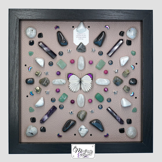 shadow box art, Colotis Regina white and purple butterfly, Natuzzi Italia genuine leather, crystals, Swarovski crystals, gemstones, gems, sacred geometry, healing art, crystal art, crystal grid, energy healing, crystal healing, crystal energy, crystal grid, healing, healing energy, healing art, sacred geometry, handmade, luxury art, Chevron Amethyst, Green Aventurine, Mother of Pearl, Labradorite,  Hematite, Howlite, Pyrite, Black Tourmaline