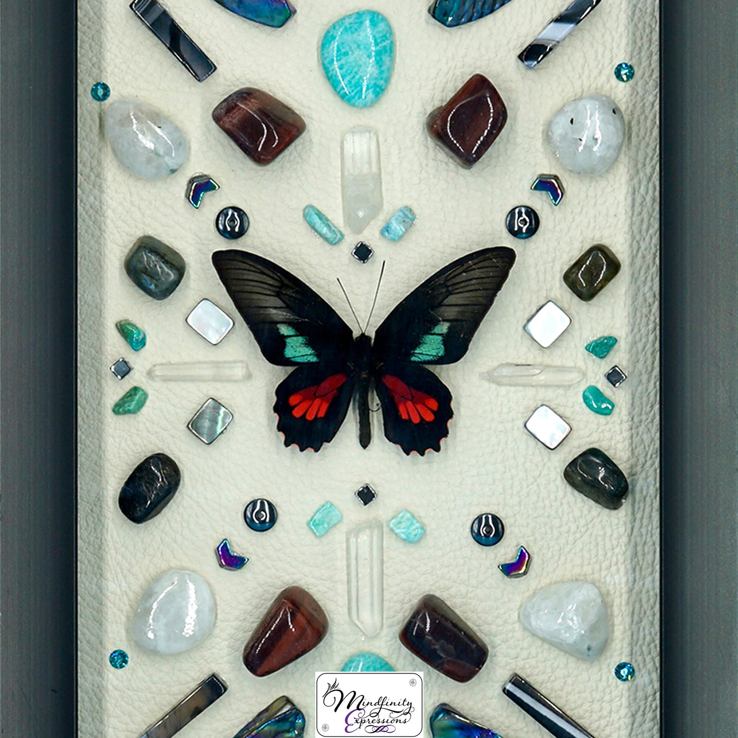 shadow box art, Scarlet Mormon Butterfly, crystals, Swarovski crystals, gemstones, gems, sacred geometry, healing art, crystal art, crystal grid, energy healing, crystal healing, crystal energy, crystal grid, healing, healing energy, healing art, sacred geometry, handmade, luxury art,  Black Agate, Amazonite, Red Aventurine, Red Tiger Eye, Labradorite, Clear Quartz, Hematite, Rainbow Moonstone, Mother of Pearl, Black Tourmaline