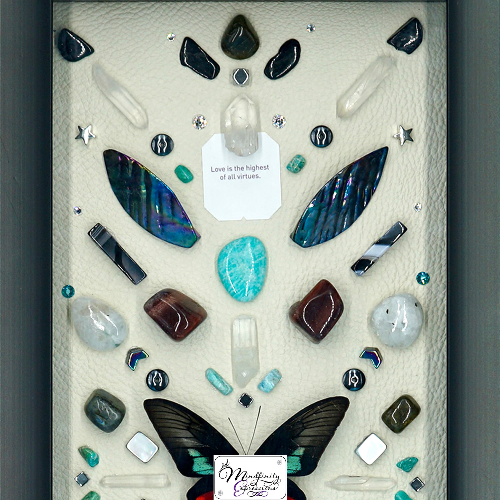 shadow box art, Scarlet Mormon Butterfly, crystals, Swarovski crystals, gemstones, gems, sacred geometry, healing art, crystal art, crystal grid, energy healing, crystal healing, crystal energy, crystal grid, healing, healing energy, healing art, sacred geometry, handmade, luxury art,  Black Agate, Amazonite, Red Aventurine, Red Tiger Eye, Labradorite, Clear Quartz, Hematite, Rainbow Moonstone, Mother of Pearl, Black Tourmaline