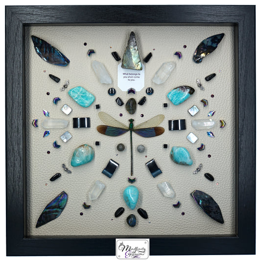 shadow box art, Green dragonfly, Natuzzi Italia genuine leather, crystals, Swarovski crystals, gemstones, gems, sacred geometry, healing art, crystal art, crystal grid, energy healing, crystal healing, crystal energy, crystal grid, healing, healing energy, healing art, sacred geometry, handmade, luxury art, Amazonite, Labradorite, Clear Quartz, Hematite, Mother of Pearl, Black Tourmaline