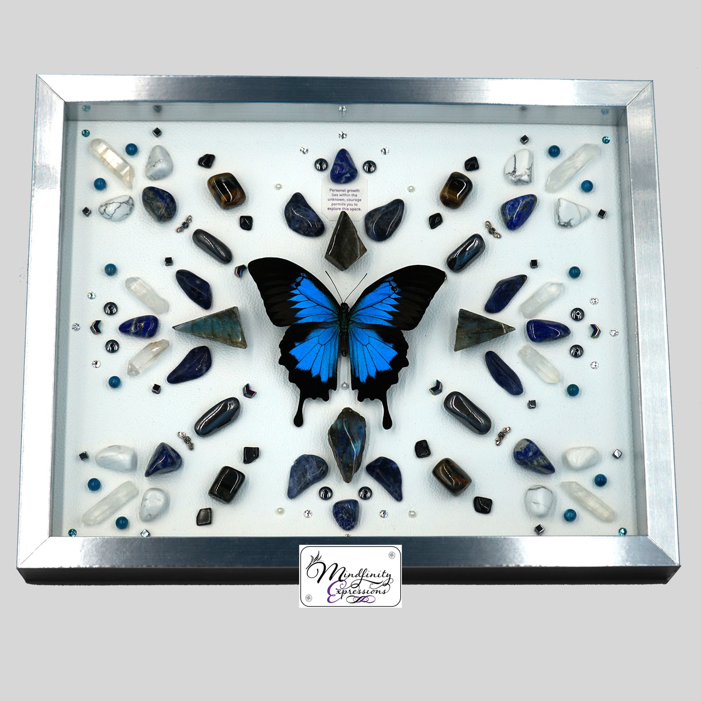  shadow box art, Blue Mountain Swallowtail butterfly, Calligaris genuine leather, crystals, Swarovski crystals, gemstones, gems, sacred geometry, healing art, crystal art, crystal grid, energy healing, crystal healing, crystal energy, crystal grid, healing, healing energy, healing art, sacred geometry, handmade, luxury art, Blue Apatite, Blue Tiger Eye, Hematite, Howlite, Labradorite, Lapis Lazuli, Sodalite, Clear Quartz, Black Tourmaline