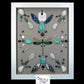 shadow box art, green dragonfly, Natuzzi Italia genuine leather, feathers, crystals, Swarovski crystals, gemstones, gems, sacred geometry, healing art, crystal art, crystal grid, energy healing, crystal healing, crystal energy, crystal grid, healing, healing energy, healing art, sacred geometry, handmade, luxury art,Amazonite, Blue Apatite, Labradorite, Rainbow Moonstone, Hematite, Clear Quartz, King Quartz, Mother of Pearl, Black Tourmaline
