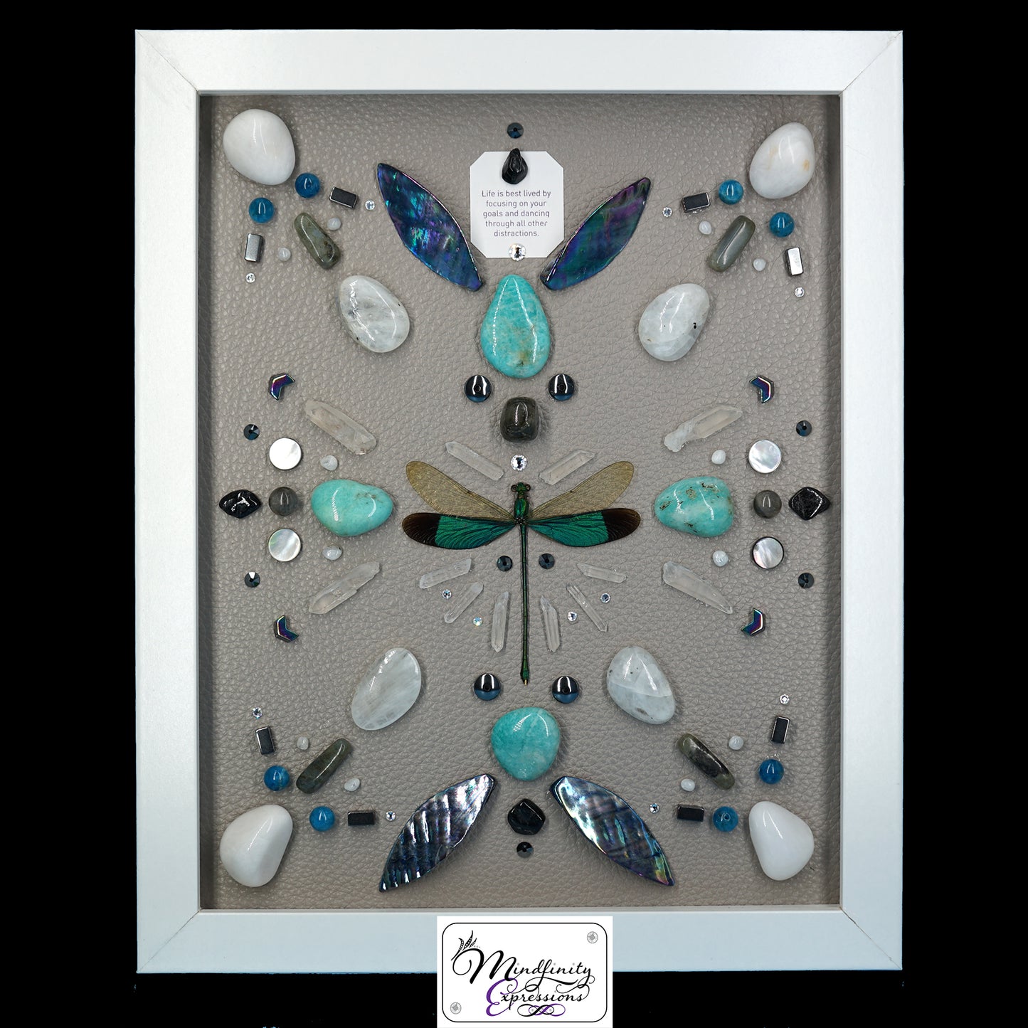 shadow box art, green dragonfly, Natuzzi Italia genuine leather, feathers, crystals, Swarovski crystals, gemstones, gems, sacred geometry, healing art, crystal art, crystal grid, energy healing, crystal healing, crystal energy, crystal grid, healing, healing energy, healing art, sacred geometry, handmade, luxury art,Amazonite, Blue Apatite, Labradorite, Rainbow Moonstone, Hematite, Clear Quartz, King Quartz, Mother of Pearl, Black Tourmaline