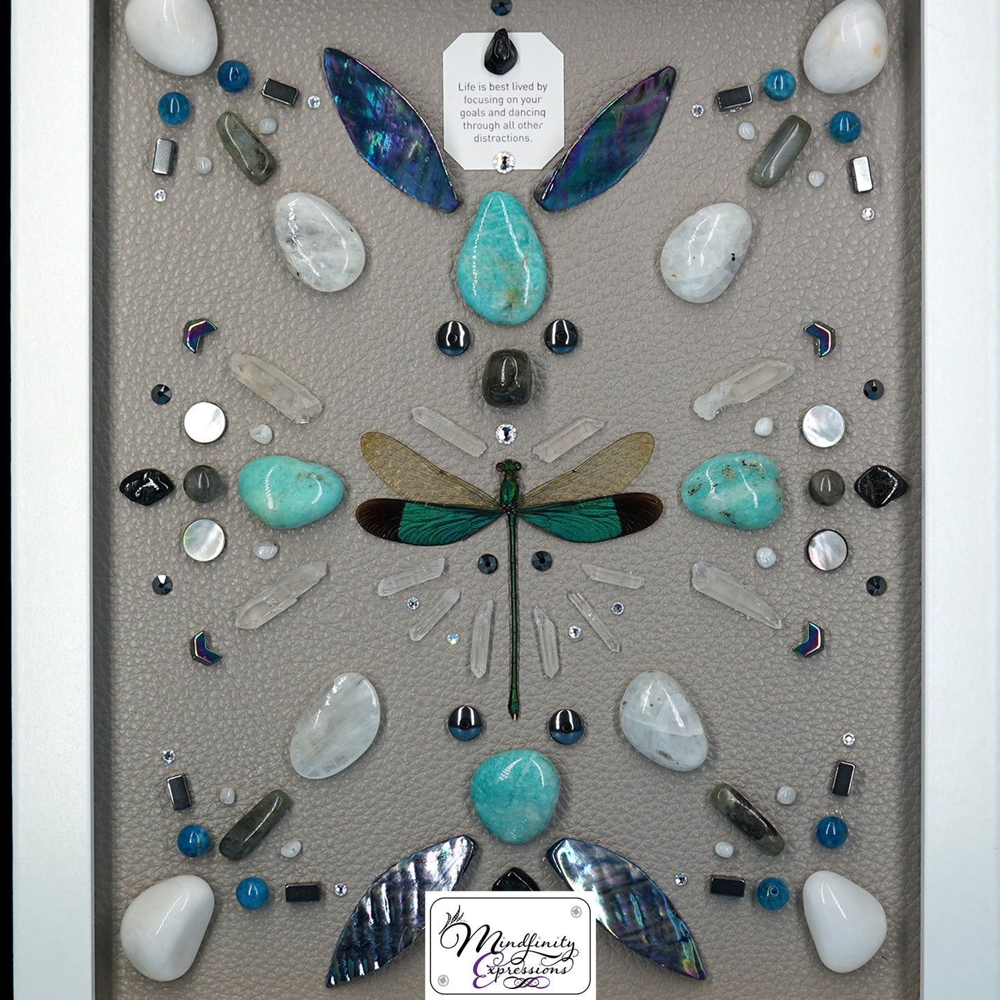 shadow box art, green dragonfly, Natuzzi Italia genuine leather, feathers, crystals, Swarovski crystals, gemstones, gems, sacred geometry, healing art, crystal art, crystal grid, energy healing, crystal healing, crystal energy, crystal grid, healing, healing energy, healing art, sacred geometry, handmade, luxury art,Amazonite, Blue Apatite, Labradorite, Rainbow Moonstone, Hematite, Clear Quartz, King Quartz, Mother of Pearl, Black Tourmaline