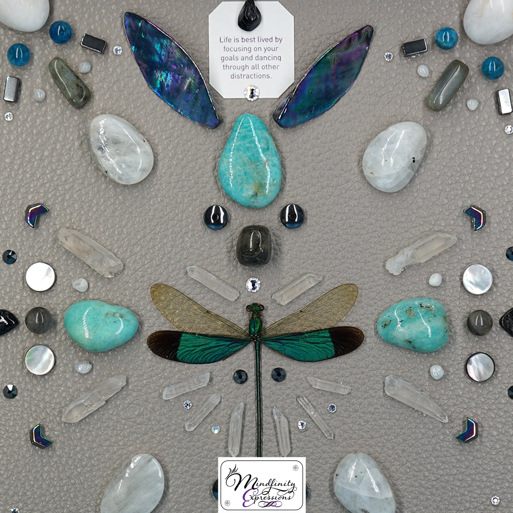 shadow box art, green dragonfly, Natuzzi Italia genuine leather, feathers, crystals, Swarovski crystals, gemstones, gems, sacred geometry, healing art, crystal art, crystal grid, energy healing, crystal healing, crystal energy, crystal grid, healing, healing energy, healing art, sacred geometry, handmade, luxury art,Amazonite, Blue Apatite, Labradorite, Rainbow Moonstone, Hematite, Clear Quartz, King Quartz, Mother of Pearl, Black Tourmaline