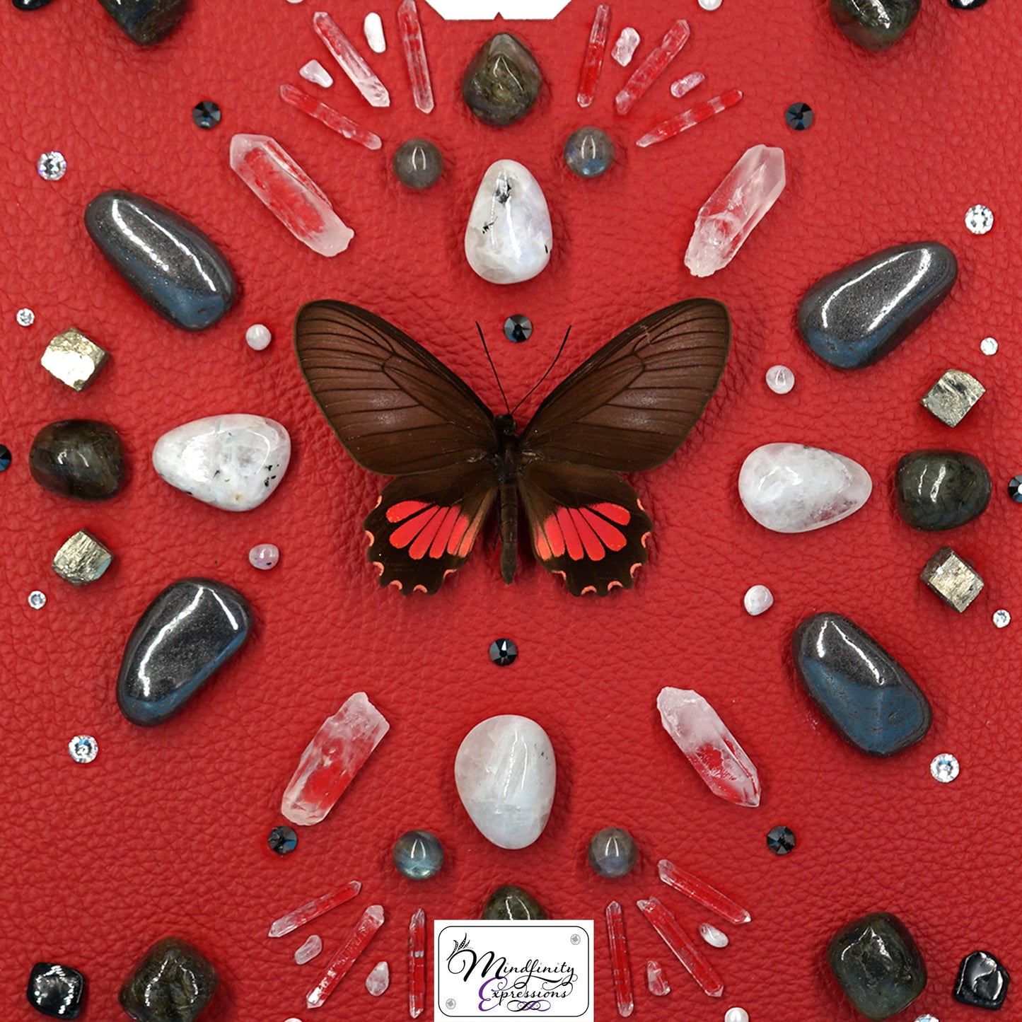 shadow box art, Spear-winged Cattleheart butterfly, Calligaris genuine leather, feathers, crystals, Swarovski crystals, gemstones, gems, sacred geometry, healing art, crystal art, crystal grid, energy healing, crystal healing, crystal energy, crystal grid, healing, healing energy, healing art, sacred geometry, handmade, luxury art, Labradorite, Pyrite, Hematite, Rainbow Moonstone, Clear Quartz, Silver Plated Quartz, King Quartz, Black Tourmaline