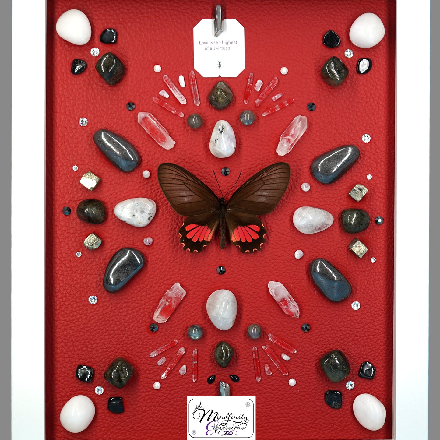 shadow box art, Spear-winged Cattleheart butterfly, Calligaris genuine leather, feathers, crystals, Swarovski crystals, gemstones, gems, sacred geometry, healing art, crystal art, crystal grid, energy healing, crystal healing, crystal energy, crystal grid, healing, healing energy, healing art, sacred geometry, handmade, luxury art, Labradorite, Pyrite, Hematite, Rainbow Moonstone, Clear Quartz, Silver Plated Quartz, King Quartz, Black Tourmaline