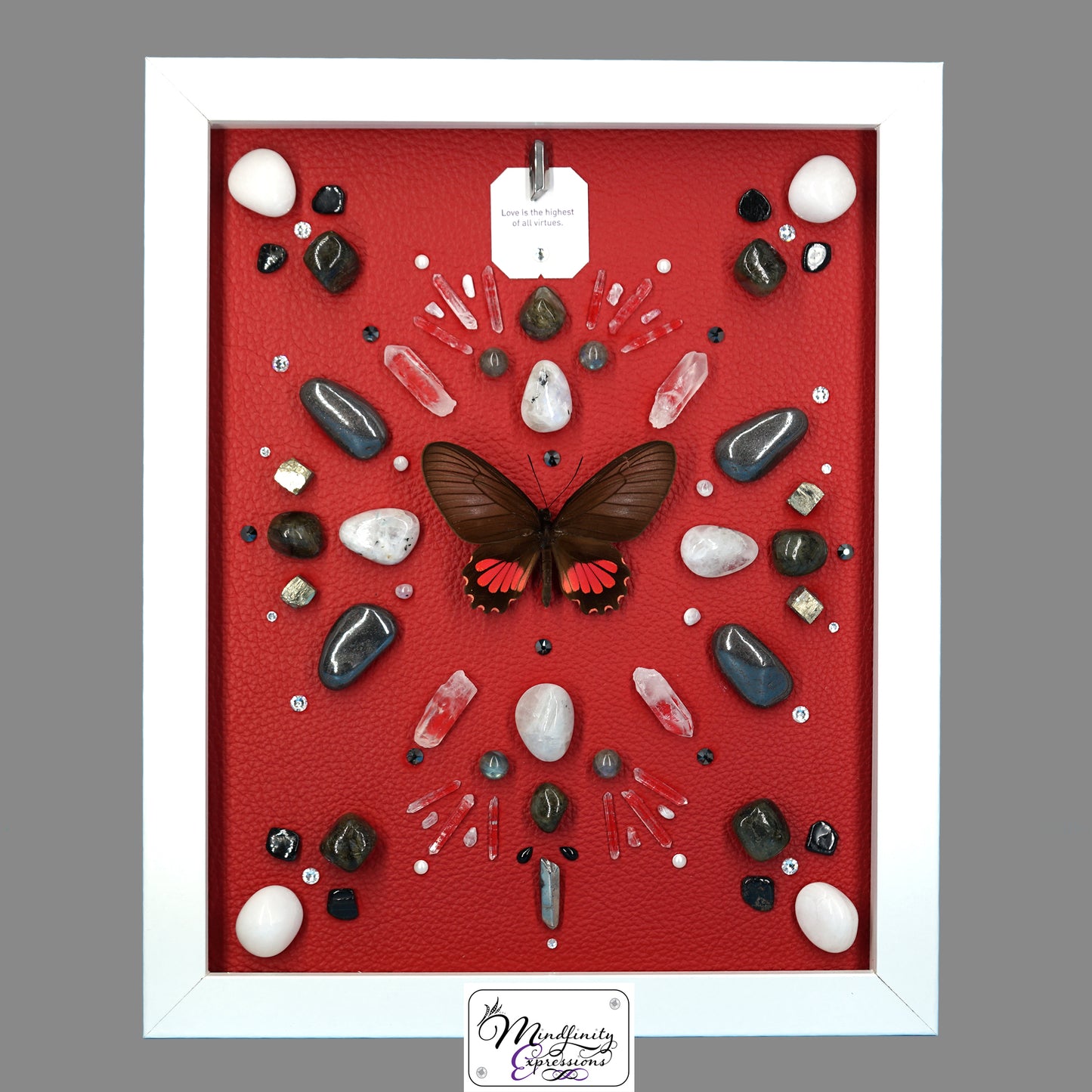 shadow box art, Spear-winged Cattleheart butterfly, Calligaris genuine leather, feathers, crystals, Swarovski crystals, gemstones, gems, sacred geometry, healing art, crystal art, crystal grid, energy healing, crystal healing, crystal energy, crystal grid, healing, healing energy, healing art, sacred geometry, handmade, luxury art, Labradorite, Pyrite, Hematite, Rainbow Moonstone, Clear Quartz, Silver Plated Quartz, King Quartz, Black Tourmaline