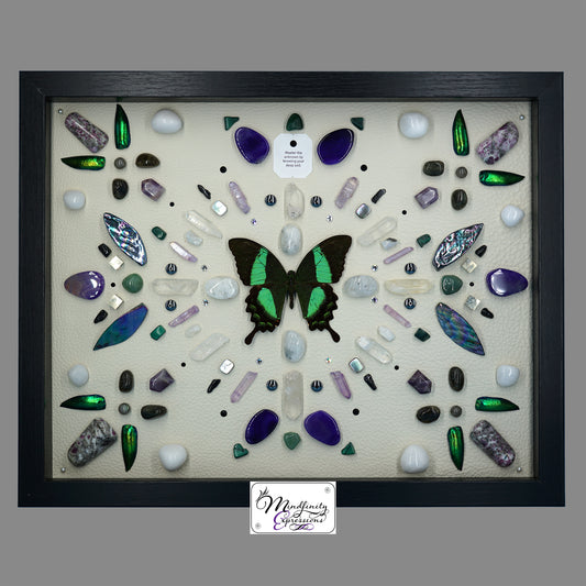 shadow box art, Peacock Swallowtail butterfly, Calligaris genuine leather, feathers, crystals, Swarovski crystals, gemstones, gems, sacred geometry, healing art, crystal art, crystal grid, energy healing, crystal healing, crystal energy, crystal grid, healing, healing energy, healing art, sacred geometry, handmade, luxury art, Amethyst, Ruby in Matrix, Green Aventurine, Malachite, Hematite, Labradorite, Pyrite, Purple Agate, King Quartz, Clear Quartz, Purple Aura Quartz, Rainbow Moonstone & Black Tourmaline