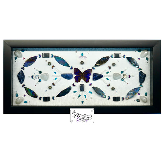 shadow box art, Blue Butterfly, Calligaris genuine leather, crystals, Swarovski crystals, gemstones, gems, sacred geometry, healing art, crystal art, crystal grid, energy healing, crystal healing, crystal energy, crystal grid, healing, healing energy, healing art, sacred geometry, handmade, luxury art, Blue Apatite, Howlite, Hematite, Mother of Pearl, Labradorite, Rainbow Moonstone, Sodalite, Clear Quartz, Silver Plated Quartz, Black Tourmaline