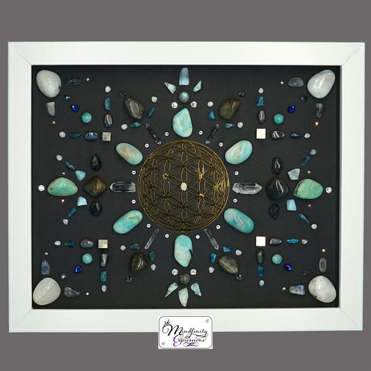 shadow box art, 18K Gold Flower of Life Medallion, genuine leather, crystals, Swarovski crystals, gemstones, gems, sacred geometry, healing art, crystal art, crystal grid, energy healing, crystal healing, crystal energy, crystal grid, healing, healing energy, healing art, sacred geometry, handmade, luxury art, Amazonite, Blue Apatite, Larimar, Labradorite, Hematite, Rainbow Moonstone, Clear Quartz, Black Tourmaline, Pyrite.